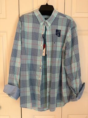 Izod Men's Aqua and Navy Plaid Button-Down Shirt NWT large